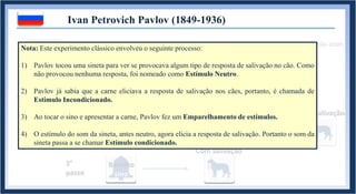 ....
Ivan Petrovich Pavlov (1849-1936)
Ѱ Pavlov ficou interessado em estudar com mais cuidado o fato de que estímulos que não eram
a comida estavam eliciando resposta de salivação em seus cães.
1°
passo
Barulho
sino
Sem salivação
2°
passo
Apresentou
o alimento
Com salivação
3°
passo
Barulho
sino
Barulho
sino
....
Com salivação
Nota: Este experimento clássico envolveu o seguinte processo:
1) Pavlov tocou uma sineta para ver se provocava algum tipo de resposta de salivação no cão. Como
não provocou nenhuma resposta, foi nomeado como Estímulo Neutro.
2) Pavlov já sabia que a carne eliciava a resposta de salivação nos cães, portanto, é chamada de
Estímulo Incondicionado.
3) Ao tocar o sino e apresentar a carne, Pavlov fez um Emparelhamento de estímulos.
4) O estímulo do som da sineta, antes neutro, agora elicia a resposta de salivação. Portanto o som da
sineta passa a se chamar Estímulo condicionado.
 