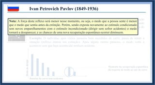 Ivan Petrovich Pavlov (1849-1936)
7. RECUPERAÇÃO ESPONTÂNEA: Uma característica interessante da extinção
respondente é que, às vezes, após a extinção ter ocorrido, ou seja, após um determinado
estímulo condicionado não eliciar mais uma determinada resposta condicionada, a força do
reflexo pode voltar espontaneamente.
Exemplo: O indivíduo após vários passeios bem sucedidos de carro, parou de temer a
situação (reflexo entrou em extinção). Após alguns outros passeios, o medo volta a
acontecer sem que haja acontecido nenhum acidente.
Medodedirigir
Passeios de carro sem acidentes
Momento da recuperação espontânea
da resposta de medo ao sair de carro
Nota: A força deste reflexo será menor nesse momento, ou seja, o medo que a pessoa sente é menor
que o medo que sentiu antes da extinção. Porém, sendo exposta novamente ao estímulo condicionado
sem novos emparelhamentos com o estímulo incondicionado (dirigir sem sofrer acidentes) o medo
tornará a desaparecer, e as chances de uma nova recuperação espontânea ocorrer diminuem.
 