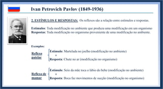 Ivan Petrovich Pavlov (1849-1936)
Reflexo
patelar
Estímulo: Martelada no joelho (modificação no ambiente)
Resposta: Chute no ar (modificação no organismo)
Exemplos:
+
Reflexo de
mamar
Estímulo: Seio da mãe toca o lábio do bebe (modificação no ambiente)
Resposta: Boca faz movimentos de sucção (modificação no organismo)
+
2. ESTÍMULOS E RESPOSTAS: Os reflexos são a relação entre estímulos e respostas.
Estímulos: Toda modificação no ambiente que produza uma modificação em um organismo
Respostas: Toda modificação no organismo proveniente de uma modificação no ambiente.
 
