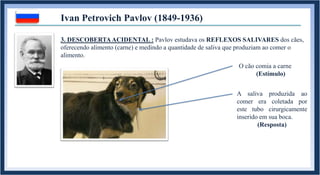 Ivan Petrovich Pavlov (1849-1936)
3. DESCOBERTAACIDENTAL : Pavlov estudava os REFLEXOS SALIVARES dos cães,
oferecendo alimento (carne) e medindo a quantidade de saliva que produziam ao comer o
alimento.
O cão comia a carne
(Estímulo)
A saliva produzida ao
comer era coletada por
este tubo cirurgicamente
inserido em sua boca.
(Resposta)
 
