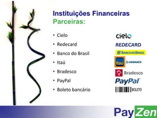 Instituições Financeiras
Parceiras:
• Cielo
• Redecard
• Banco do Brasil
• Itaú
• Bradesco
• PayPal
• Boleto bancário
 