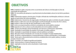 OBJETIVOS
O‐01. Estabelecer ações conjuntas entre as secretarias de Cultura e de Educação na área da 
capacitação de professores.
O‐02. Ter uma política de pesquisa e reconhecimento da diversidade cultural no território paraibano 
efetivada.
O‐03. Implementar espaços culturais para a fruição e difusão das manifestações artísticas e culturais 
ligadas ao patrimônio da cultura paraibana.
O‐04. Implementar mecanismos de organização e facilitação das ações no âmbito do poder estadual.
O‐05. Ampliar a oferta de cursos de capacitação e profissionalização nas áreas de arte e cultura;
O‐06. Ampliar a oferta de mão de obra qualificada no setor artístico;
O‐07. Iniciar ao campo da prática artística os estudantes do ensino público estadual.
O‐08. Capacitar em arte e cultura os arte‐educadores do ensino público estadual.
O‐09.  Cenário da produção cultural fortalecido com técnicos e profissionais capacitados.
O‐10.  Ampliação na quantidade de projetos financiados via editais públicos.
O‐11.  Ampliação na quantidade de espaços culturais públicos e privados.
O‐12.  Mercado artístico fortalecido com circuitos de circulação e fruição estabelecidos.
O‐13.  Territórios, empreendedores e empreendimentos criativos reconhecidos e incentivados.
O‐14.  Pactos para o desenvolvimento econômico estabelecidos entre poder público, iniciativa 
privada e terceiro setor.
O‐15.  Consolidar um modelo de gestão participativo.
O‐16.  Institucionalizar o Sistema Estadual de Cultura.
O‐17.  Legislação na área de cultura atualizada e modernizada.
 