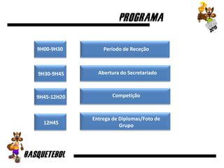 Período de Receção
Abertura do Secretariado
Competição
Entrega de Diplomas/Foto de
Grupo
9H00-9H30
9H45-12H20
12H45
9H30-9H45
 