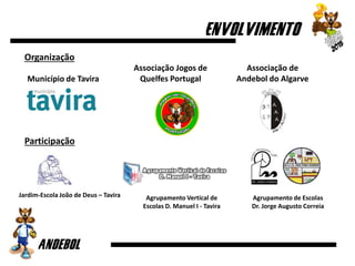 Município de Tavira
Associação Jogos de
Quelfes Portugal
Associação de
Andebol do Algarve
Organização
Participação
Agrupamento de Escolas
Dr. Jorge Augusto Correia
Agrupamento Vertical de
Escolas D. Manuel I - Tavira
Jardim-Escola João de Deus – Tavira
 