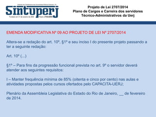 Projeto de Lei 2707/2014
Plano de Cargos e Carreira dos servidores
Técnico-Administrativos da Uerj
EMENDA MODIFICATIVA Nº 09 AO PROJETO DE LEI Nº 2707/2014
Altera-se a redação do art. 10º, §1º e seu inciso I do presente projeto passando a
ter a seguinte redação:
Art. 10º (...)
§1º – Para fins da progressão funcional prevista no art. 9º o servidor deverá
atender aos seguintes requisitos:
I – Manter frequência mínima de 85% (oitenta e cinco por cento) nas aulas e
atividades propostas pelos cursos ofertados pelo CAPACITA-UERJ;
Plenário da Assembleia Legislativa do Estado do Rio de Janeiro, __ de fevereiro
de 2014.
 