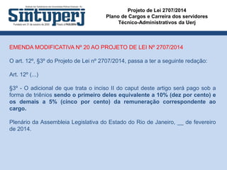 Projeto de Lei 2707/2014
Plano de Cargos e Carreira dos servidores
Técnico-Administrativos da Uerj
EMENDA MODIFICATIVA Nº 20 AO PROJETO DE LEI Nº 2707/2014
O art. 12º, §3º do Projeto de Lei nº 2707/2014, passa a ter a seguinte redação:
Art. 12º (...)
§3º - O adicional de que trata o inciso II do caput deste artigo será pago sob a
forma de triênios sendo o primeiro deles equivalente a 10% (dez por cento) e
os demais a 5% (cinco por cento) da remuneração correspondente ao
cargo.
Plenário da Assembleia Legislativa do Estado do Rio de Janeiro, __ de fevereiro
de 2014.
 