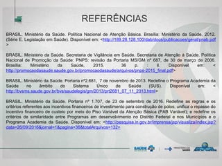 BRASIL. Ministério da Saúde. Política Nacional de Atenção Básica. Brasília: Ministério da Saúde, 2012.
(Série E. Legislação em Saúde). Disponível em: <http://189.28.128.100/dab/docs/publicacoes/geral/pnab.pdf
>
BRASIL. Ministério da Saúde. Secretaria de Vigilância em Saúde. Secretaria de Atenção à Saúde. Política
Nacional de Promoção da Saúde: PNPS: revisão da Portaria MS/GM nº 687, de 30 de março de 2006.
Brasília: Ministério da Saúde, 2015. 36 p. : il. Disponível em: <
http://promocaodasaude.saude.gov.br/promocaodasaude/arquivos/pnps-2015_final.pdf>
BRASIL. Ministério da Saúde. Portaria nº2.681, 7 de novembro de 2013. Redefine o Programa Academia da
Saúde no âmbito do Sistema Único de Saúde (SUS). Disponível em: <
http://bvsms.saude.gov.br/bvs/saudelegis/gm/2013/prt2681_07_11_2013.html>
BRASIL. Ministério da Saúde. Portaria nº 1.707, de 23 de setembro de 2016. Redefine as regras e os
critérios referentes aos incentivos financeiros de investimento para construção de polos; unifica o repasse do
incentivo financeiro de custeio por meio do Piso Variável da Atenção Básica (PAB Variável); e redefine os
critérios de similaridade entre Programas em desenvolvimento no Distrito Federal e nos Municípios e o
Programa Academia da Saúde. Disponível em: <http://pesquisa.in.gov.br/imprensa/jsp/visualiza/index.jsp?
data=26/09/2016&jornal=1&pagina=36&totalArquivos=132>
REFERÊNCIAS
 