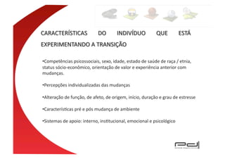 • Competências	
  psicossociais,	
  sexo,	
  idade,	
  estado	
  de	
  saúde	
  de	
  raça	
  /	
  etnia,	
  
status	
  sócio-­‐econômico,	
  orientação	
  de	
  valor	
  e	
  experiência	
  anterior	
  com	
  
mudanças.	
  

• Percepções	
  individualizadas	
  das	
  mudanças	
  

• Alteração	
  de	
  função,	
  de	
  afeto,	
  de	
  origem,	
  início,	
  duração	
  e	
  grau	
  de	
  estresse	
  

• CaracterísEcas	
  pré	
  e	
  pós	
  mudança	
  de	
  ambiente	
  

• Sistemas	
  de	
  apoio:	
  interno,	
  insEtucional,	
  emocional	
  e	
  psicológico	
  
 