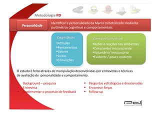 Metodologia	
  PD	
  
                                  IdenEﬁcar	
  a	
  personalidade	
  da	
  Marca	
  caracterizada	
  mediante	
  
                                  parâmetros	
  cogniEvos	
  e	
  comportamentais:	
  



                                        AEtudes	
                           Ações	
  e	
  reações	
  nos	
  ambientes	
  
                                        Pensamentos	
                       Consciente/	
  insconsciente	
  
                                        Valores	
                           Voluntário/	
  involuntário	
  
                                        Juizos	
                            Evidente	
  /	
  pouco	
  evidente	
  
                                        Convicções	
  


O	
  estudo	
  é	
  feito	
  através	
  de	
  manipulação	
  desenvolvidas	
  por	
  entrevistas	
  e	
  técnicas	
  
de	
  avaliação	
  de	
  	
  personalidade	
  e	
  comportamento.	
  

•     Background	
  –	
  pesquisa	
  	
                             	
  	
  	
  	
  Perguntas	
  estratégicas	
  e	
  direcionadas	
  
•     Entrevista	
                                                  	
  	
  	
  	
  Encontrar	
  forças	
  
•     Implementar	
  o	
  processo	
  de	
  feedback	
              	
  	
  	
  	
  Follow-­‐up	
  
 