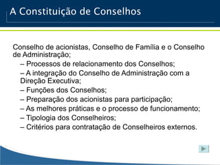 A Constituição de Conselhos


Conselho de acionistas, Conselho de Família e o Conselho
de Administração;
  – Processos de relacionamento dos Conselhos;
  – A integração do Conselho de Administração com a
  Direção Executiva;
  – Funções dos Conselhos;
  – Preparação dos acionistas para participação;
  – As melhores práticas e o processo de funcionamento;
  – Tipologia dos Conselheiros;
  – Critérios para contratação de Conselheiros externos.
 