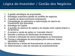 Lógica do Investidor / Gestão dos Negócios


1.    A gestão estratégica da propriedade;
2.    Estratégia corporativa gestão do portfólio de negócios;
3.    A gestão do desenvolvimento empresarial;
4.    Consolidação do patrimônio e maximização do retorno do
      investimento dos acionistas;
5.    Estratégia de Capital;
6.    A questão da abertura de capital e da relação entre capital próprio e
      de terceiros;
7.    A compra e venda de ações no “mercado interno”;
8.    Decisão e políticas de distribuição de dividendos;
9.    Controle e admissão de sócios (estratégicos ou financeiros);
10.   Formas e estratégias de associações:joint-ventures, fusões,
      aquisições, cisões;
11.   Mecanismos e fontes de financiamento no país e exterior;
12.   Determinando o valor de mercado do empreendimento.
 