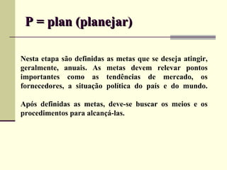 P = plan (planejar)

Nesta etapa são definidas   as metas que se deseja atingir,
geralmente, anuais. As      metas devem relevar pontos
importantes como as         tendências de mercado, os
fornecedores, a situação    política do país e do mundo.

Após definidas as metas, deve-se buscar os meios e os
procedimentos para alcançá-las.
 
