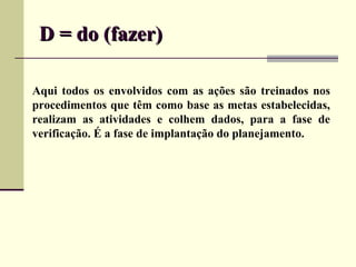 D = do (fazer)

Aqui todos os envolvidos com as ações são treinados nos
procedimentos que têm como base as metas estabelecidas,
realizam as atividades e colhem dados, para a fase de
verificação. É a fase de implantação do planejamento.
 