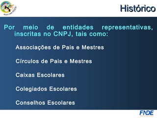 Histórico
Por meio de entidades representativas,
   inscritas no CNPJ, tais como:

   Associações de Pais e Mestres

   Círculos de Pais e Mestres

   Caixas Escolares

   Colegiados Escolares

   Conselhos Escolares
 