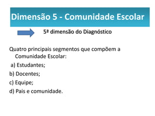 Dimensão 5 - Comunidade Escolar
            5ª dimensão do Diagnóstico

Quatro principais segmentos que compõem a
   Comunidade Escolar:
 a) Estudantes;
b) Docentes;
c) Equipe;
d) Pais e comunidade.
 