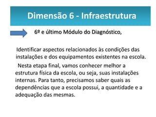 Dimensão 66- -Infraestrutura
   Dimensão Infraestrutura
       6º e último Módulo do Diagnóstico,

 Identificar aspectos relacionados às condições das
instalações e dos equipamentos existentes na escola.
  Nesta etapa final, vamos conhecer melhor a
estrutura física da escola, ou seja, suas instalações
internas. Para tanto, precisamos saber quais as
dependências que a escola possui, a quantidade e a
adequação das mesmas.
 