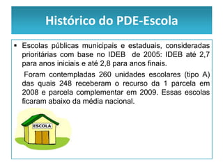Histórico do PDE-Escola
 Escolas públicas municipais e estaduais, consideradas
  prioritárias com base no IDEB de 2005: IDEB até 2,7
  para anos iniciais e até 2,8 para anos finais.
   Foram contempladas 260 unidades escolares (tipo A)
  das quais 248 receberam o recurso da 1 parcela em
  2008 e parcela complementar em 2009. Essas escolas
  ficaram abaixo da média nacional.
 