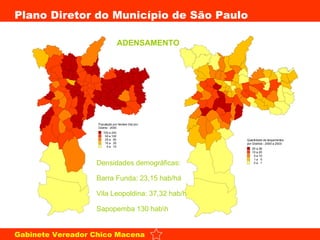 ADENSAMENTO Densidades demográficas: Barra Funda: 23,15 hab/há Vila Leopoldina: 37,32 hab/h Sapopemba 130 hab\h 