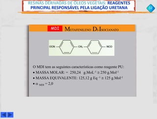 RESINAS DERIVADAS DE ÓLEOS VEGETAIS: REAGENTES 
PRINCIPAL RESPONSÁVEL PELA LIGAÇÃO URETANA 12 
MDI METAFENILENO DI-ISOCIANATO 
O MDI tem as seguintes características como reagente PU: 
 MASSA MOLAR: = 250,24 g.MoL-1  250 g.Mol-1 
 MASSA EQUIVALENTE: 125,12 g Eq -1  125 g.Mol-1 
  MDI = 2,0 
 