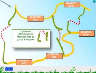 SEGMENTO 
HARD 
POLÍMERO de 
Monômeros 
Naturais 
O 
O 
O 
O 
O 
O 
O 
O 
O 
O 
O 
O 
O 
O 
O 
O 
O 
O 
O O 
O 
O 
O 
O 
O 
O 
O O 
O O 
O 
I 
N 
O 
C 
H 
N 
O 
C 
H 
N H 
N 
C O 
H 
O 
C 
I 
N 
O 
C 
H 
N 
O 
C 
H 
I 
N 
C 
O 
H 
N 
C 
O 
H 
I 
N 
C 
O 
H 
N 
C 
O 
H 
O 
O 
O 
O 
O 
O 
O 
O 
O 
O 
N H 
N 
C O 
H 
O 
C 
H N 
N 
O C 
H 
O 
C 
Ligação de 
Entrecruzamento 
Molecular entre os 
grupos ácido graxo 
SEGMENTO 
HARD 
SEGMENTO 
HARD 
SEGMENTO 
HARD 
SEGMENTO 
HARD 
18 
 