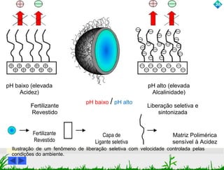 pH baixo (elevada 
Acidez) 
pH alto (elevada 
Alcalinidade) 
Fertilizante 
Revestido 
Liberação seletiva e 
sintonizada 
Matriz Polimérica 
sensível à Acidez 
pH baixo / pH alto 
Capa de 
Ligante seletiva 
Fertilizante 
Revestido 
3161 
Ilustração de um fenômeno de liberação seletiva com velocidade controlada pelas 
condições do ambiente. 
 