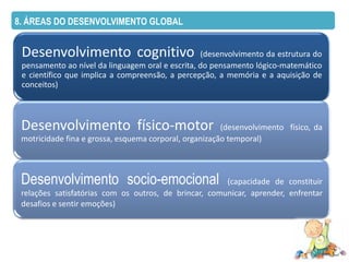 8. ÁREAS DO DESENVOLVIMENTO GLOBAL


 Desenvolvimento cognitivo                        (desenvolvimento da estrutura do
 pensamento ao nível da linguagem oral e escrita, do pensamento lógico-matemático
 e científico que implica a compreensão, a percepção, a memória e a aquisição de
 conceitos)



 Desenvolvimento físico-motor                           (desenvolvimento físico, da
 motricidade fina e grossa, esquema corporal, organização temporal)



 Desenvolvimento socio-emocional                       (capacidade de constituir
 relações satisfatórias com os outros, de brincar, comunicar, aprender, enfrentar
 desafios e sentir emoções)
 