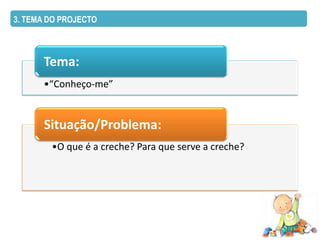 3. TEMA DO PROJECTO



      Tema:
      •“Conheço-me”


      Situação/Problema:
        •O que é a creche? Para que serve a creche?
 