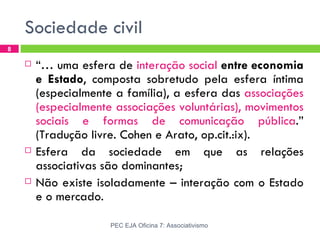 Sociedade civil
8

       “… uma esfera de interação social entre economia
        e Estado, composta sobretudo pela esfera íntima
        (especialmente a família), a esfera das associações
        (especialmente associações voluntárias), movimentos
        sociais e formas de comunicação pública.”
        (Tradução livre. Cohen e Arato, op.cit.:ix).
       Esfera da sociedade em que as relações
        associativas são dominantes;
       Não existe isoladamente – interação com o Estado
        e o mercado.

                      PEC EJA Oficina 7: Associativismo
 