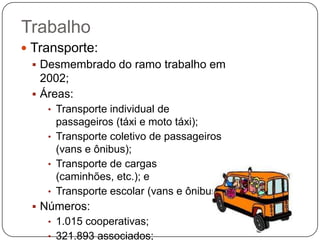 Trabalho
 Transporte:
   Desmembrado do ramo trabalho em
    2002;
   Áreas:
    • Transporte individual de
      passageiros (táxi e moto táxi);
    • Transporte coletivo de passageiros
      (vans e ônibus);
    • Transporte de cargas
      (caminhões, etc.); e
    • Transporte escolar (vans e ônibus).
  Números:
    • 1.015 cooperativas;
    • 321.893 associados;
 