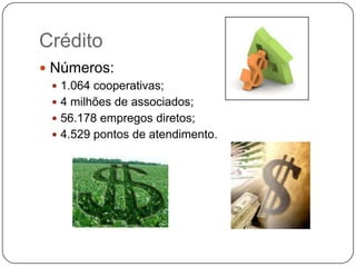 Crédito
 Números:
  1.064 cooperativas;
  4 milhões de associados;
  56.178 empregos diretos;
  4.529 pontos de atendimento.
 