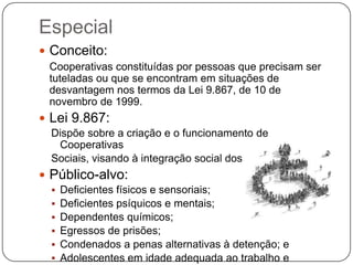 Especial
 Conceito:
 Cooperativas constituídas por pessoas que precisam ser
 tuteladas ou que se encontram em situações de
 desvantagem nos termos da Lei 9.867, de 10 de
 novembro de 1999.
 Lei 9.867:
  Dispõe sobre a criação e o funcionamento de
   Cooperativas
  Sociais, visando à integração social dos cidadãos.
 Público-alvo:
     Deficientes físicos e sensoriais;
     Deficientes psíquicos e mentais;
     Dependentes químicos;
     Egressos de prisões;
     Condenados a penas alternativas à detenção; e
     Adolescentes em idade adequada ao trabalho e
 