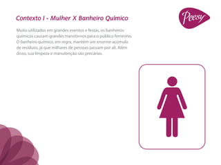 Contexto I - Mulher X Banheiro Químico
Muito utilizados em grandes eventos e festas, os banheiros
químicos causam grandes transtornos para o público feminino.
O banheiro químico, em regra, mantém um enorme acúmulo
de resíduos, já que milhares de pessoas passam por ali. Além
disso, sua limpeza e manutenção são precárias.
 