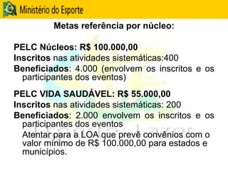 Metas referência por núcleo: PELC Núcleos: R$ 100.000,00  Inscritos  nas atividades sistemáticas:400 Beneficiados : 4.000 (envolvem os inscritos e os participantes dos eventos) PELC VIDA SAUDÁVEL: R$ 55.000,00  Inscritos  nas atividades sistemáticas: 200 Beneficiados : 2.000 envolvem os inscritos e os participantes dos eventos Atentar para a LOA que prevê convênios com o valor mínimo de R$ 100.000,00 para estados e municípios. 