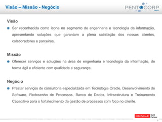 3www.pentacorp.com.br – Tels.: (11) 2779-4575/5561.0910 – São Paulo – Curitiba – Rio de Janeiro – Porto Alegre
Visão – Missão - Negócio
Visão
Ser reconhecida como ícone no segmento de engenharia e tecnologia da informação,
apresentando soluções que garantam a plena satisfação dos nossos clientes,
colaboradores e parceiros.
Missão
Oferecer serviços e soluções na área de engenharia e tecnologia da informação, de
forma ágil e eficiente com qualidade e segurança.
Negócio
Prestar serviços de consultoria especializada em Tecnologia Oracle, Desenvolvimento de
Software, Redesenho de Processos, Banco de Dados, Infraestrutura e Treinamento
Capacitivo para o fortalecimento da gestão de processos com foco no cliente.
 