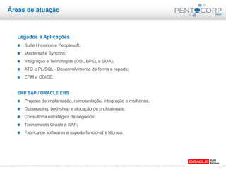 7www.pentacorp.com.br – Tels.: (11) 2779-4575/5561.0910 – São Paulo – Curitiba – Rio de Janeiro – Porto Alegre
Legados e Aplicações
Suíte Hyperion e Peoplesoft;
Mastersaf e Synchro;
Integração e Tecnologias (ODI, BPEL e SOA);
ATG e PL/SQL - Desenvolvimento de forms e reports;
EPM e OBIEE;
ERP SAP / ORACLE EBS
Projetos de implantação, reimplantação, integração e melhorias;
Outsourcing, bodyshop e alocação de profissionais;
Consultoria estratégica de negócios;
Treinamento Oracle e SAP;
Fabrica de softwares e suporte funcional e técnico.
Áreas de atuação
 
