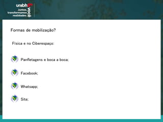 Formas de mobilização?
Facebook;
Panfletagens e boca a boca;
Whatsapp;
Site;
Física e no Ciberespaço:
 