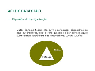 AS LEIS DA GESTALT

•   Figura-Fundo na organização



    • Muitos gestores fingem não ouvir determinados comentários de
      seus subordinados, pois a consequência de dar ouvidos àquilo
      pode ser mais relevante e mais impactante do que as “fofocas”




                                      Metas

                            Fofocas
 