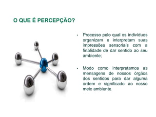 O QUE É PERCEPÇÃO?

                     •   Processo pelo qual os indivíduos
                         organizam e interpretam suas
                         impressões sensoriais com a
                         finalidade de dar sentido ao seu
                         ambiente;

                     •   Modo como interpretamos as
                         mensagens de nossos órgãos
                         dos sentidos para dar alguma
                         ordem e significado ao nosso
                         meio ambiente.
 