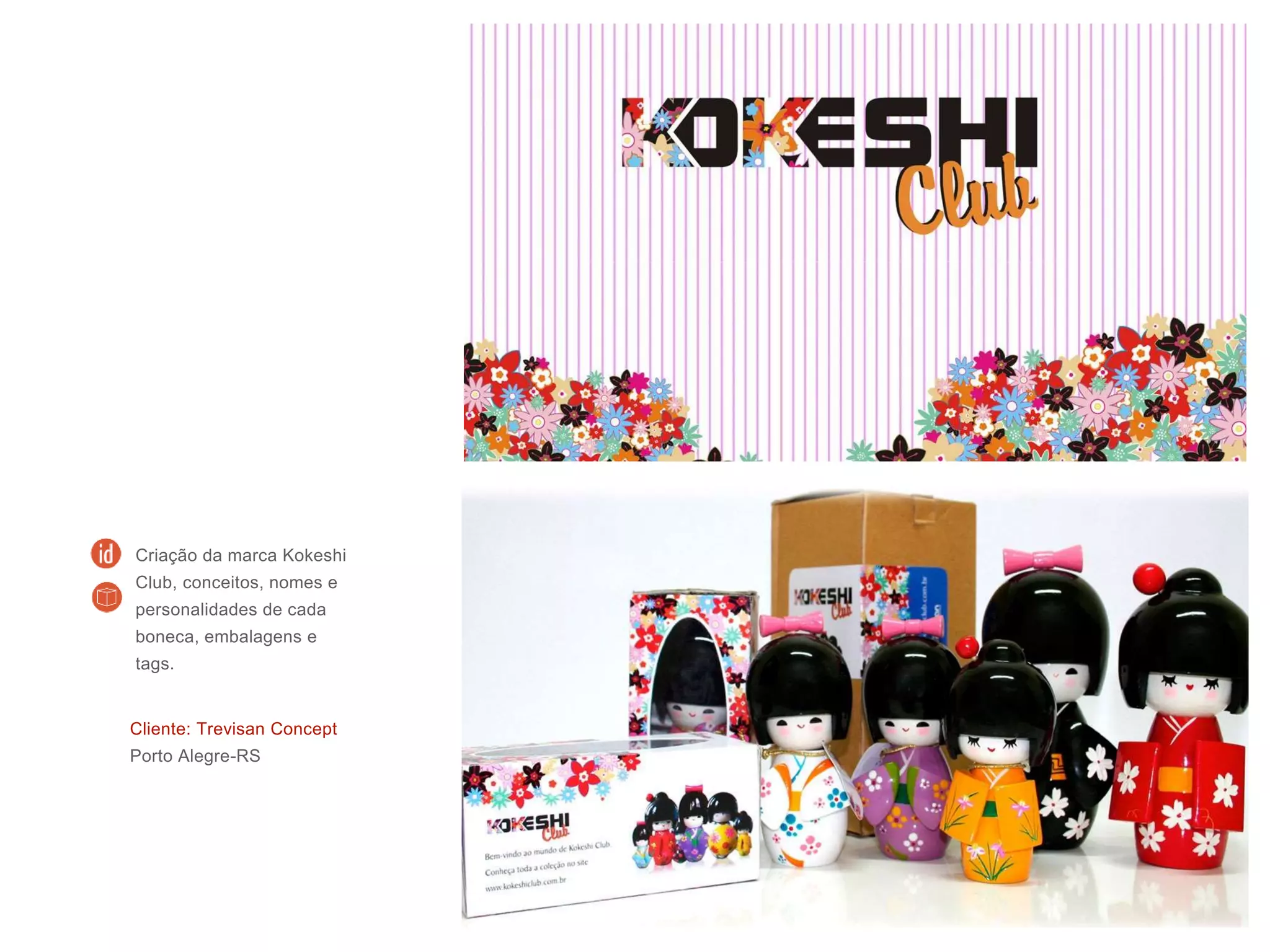 Cliente: Trevisan Concept
Porto Alegre-RS
Criação da marca Kokeshi
Club, conceitos, nomes e
personalidades de cada
boneca, embalagens e
tags.
 
