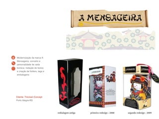 Modernização da marca A
Mensageira, conceito e
personalidade de cada
boneca, redação de textos
e criação de folders, tags e
embalagens
Cliente: Trevisan Concept
Porto Alegre-RS
 