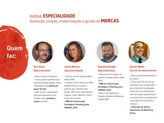 Avaliação, criação, modernização e gestão de MARCAS
nossa ESPECIALIDADE:
Quem
faz:
• Atua na área de design gráfico
desde 1999. 
• Fundou a Perfil Design em 2001.
Responsável por inúmeros
projetos para clientes como
Bunge, TAM, Senai, International
Engines, Tevah, Bettanin, Santa
Clara, entre outros.
• MBA em Comunicação
Estratégica e Branding, pela
FEEVALE, 2010.
• Atua na área de design de
produto e design gráfico desde
2002.
• MBA em Comunicação
Estratégica e Branding, pela
FEEVALE, 2010.
• Mestre em Engenharia -
Energia, Ambiente e Materiais,
ULBRA 2009.
Raphael Dondé
(Sócio-diretor)
Ivana Moraes
(Sócia-diretora)
• Sócio e Diretor Financeiro.
• Possui grande experiência na
área de produção gráfica, tendo
trabalhado como gráfico por
quase 30 anos.
• Além de ser o responsável
pela parte financeira, atua
também como produtor e
revisor da Perfil.
Alzi Alves
(Sócio-diretor)
• Atua na área de atendimento
ao cliente.
• Possui mais de 10 anos de
experiência em coordenação e
gerenciamento de atividades
comerciais e de atendimento,
além de ampla experiência em
consultorias para planejamento
de ativação de marcas para
startups.
• Graduado em Letras e
Especialista em Marketing
Direto.
Daniel Mello
(Coord. de Atendimento)
 