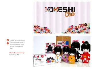 Cliente: Trevisan Concept
Porto Alegre-RS
Criação da marca Kokeshi
Club, conceitos, nomes e
personalidades de cada
boneca, embalagens e
tags.
 