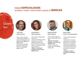 Avaliação, criação, modernização e gestão de MARCAS
nossa ESPECIALIDADE:
Quem
faz:
• Atua na área de design gráfico
desde 1999.
• Fundou a Perfil Design em 2001.
Responsável por inúmeros
projetos para clientes como
Bunge, TAM, Senai, International
Engines, Tevah, Bettanin, Santa
Clara, entre outros.
• MBA em Comunicação
Estratégica e Branding, pela
FEEVALE, 2010.
• Atua na área de design de
produto e design gráfico desde
2002.
• MBA em Comunicação
Estratégica e Branding, pela
FEEVALE, 2010.
• Mestre em Engenharia -
Energia, Ambiente e Materiais,
ULBRA 2009.
Raphael Dondé
(Sócio-diretor)
Ivana Moraes
(Sócia-diretora)
• Sócio e Diretor Financeiro.
• Possui grande experiência na
área de produção gráfica, tendo
trabalhado como gráfico por
quase 30 anos.
• Além de ser o responsável
pela parte financeira, atua
também como produtor e
revisor da Perfil.
Alzi Alves
(Sócio-diretor)
• Atua na área de atendimento
ao cliente.
• Possui mais de 10 anos de
experiência em coordenação e
gerenciamento de atividades
comerciais e de atendimento,
além de ampla experiência em
consultorias para planejamento
de ativação de marcas para
startups.
• Graduado em Letras e
Especialista em Marketing
Direto.
Daniel Mello
(Coord. de Atendimento)
 