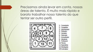 Precisamos ainda levar em conta, nossas
áreas de talento. É muito mais rápido e
barato trabalhar nosso talento do que
tentar ser outro perfil.
 