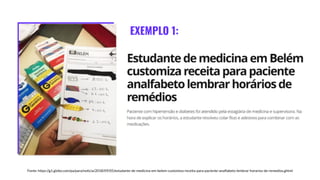 Fonte: https://g1.globo.com/pa/para/noticia/2018/09/05/estudante-de-medicina-em-belem-customiza-receita-para-paciente-analfabeto-lembrar-horarios-de-remedios.ghtml
EXEMPLO 1:
 