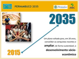 Um plano voltado para, em 20 anos,
consolidar as conquistas recentes e
ampliar, de forma sustentável, o
desenvolvimento sócio-
econômico
2035
2015
PERNAMBUCO 2035
 