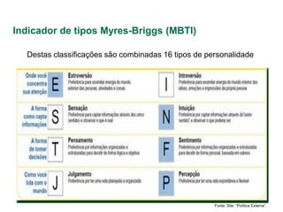 Indicador de tipos Myres-Briggs (MBTI)

  Destas classificações são combinadas 16 tipos de personalidade




                                                     Fonte: Site: “Política Externa”
 