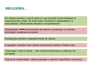 REFLEXÕES…


Os valores mostram o que é certo e o que é errado (nível individual ou
organizacional), então, de certo modo, encobrem a objetividade e a
racionalidade, influenciando atitudes e comportamento

Globalização         reconstrução de valores e mudanças no contrato
psicológico trabalhador-empresa

Socialização primária: estabelecimento de valores

Linguagem: portadora dos valores socialmente criados e fixados nela

“Crise ética”: tudo é natural… sem normas individuais ou coletivas. Ex.:
corrupção

Cultura da modernidade: valores pessoais x valores “superficiais” (consumo)
 