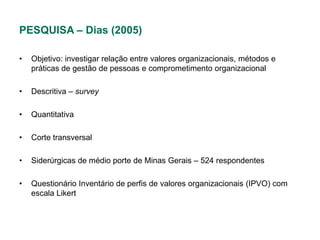PESQUISA – Dias (2005)

•   Objetivo: investigar relação entre valores organizacionais, métodos e
    práticas de gestão de pessoas e comprometimento organizacional

•   Descritiva – survey

•   Quantitativa

•   Corte transversal

•   Siderúrgicas de médio porte de Minas Gerais – 524 respondentes

•   Questionário Inventário de perfis de valores organizacionais (IPVO) com
    escala Likert
 