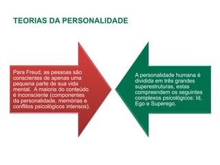 TEORIAS DA PERSONALIDADE




Para Freud, as pessoas são
                                    A personalidade humana é
conscientes de apenas uma
                                    dividida em três grandes
pequena parte de sua vida
                                    superestruturas, estas
mental. A maioria do conteúdo
                                    compreendem os seguintes
é inconsciente (componentes
                                    complexos psicológicos: Id,
da personalidade, memórias e
                                    Ego e Superego.
conflitos psicológicos intensos).
 